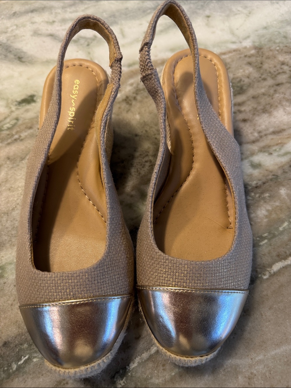 Easy Spirit Taupe Slingback wedges with Metallic Gold Cap Toe